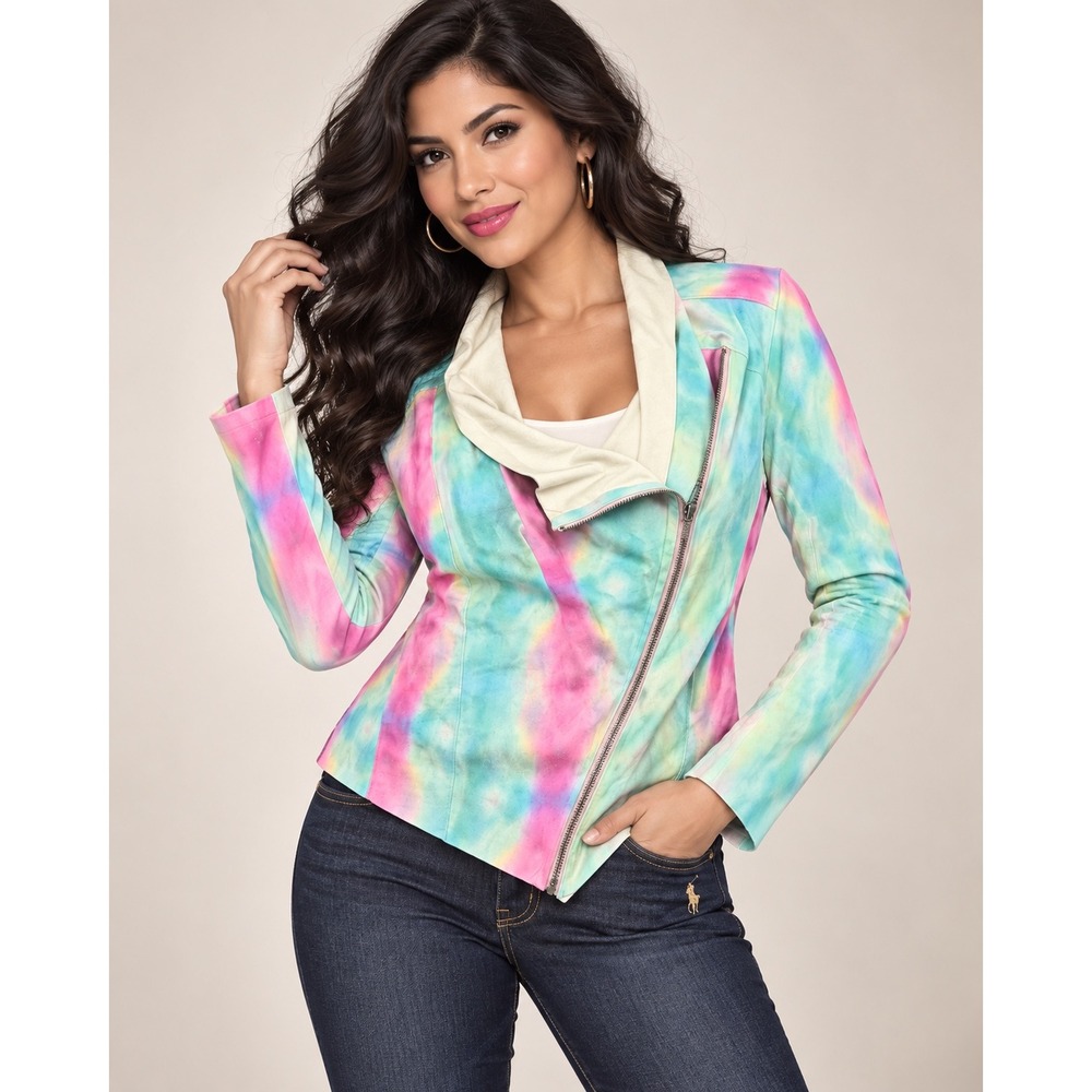 BlankNYC Womens Tie Dye Faux Suede Moto Jacket Asymmetric Zip Multicolor S NWT